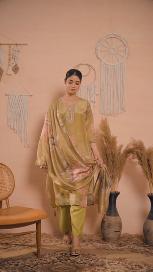 Green Floral Printed With Handwork Shimmer Organza Straight Salwar Suit