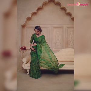 Green Bandhani Printed Chiffon Saree
