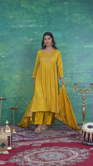 Mustard Yoke Embroidered Anarkali Muslin Salwar Suit