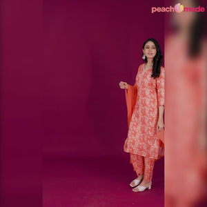 Orange Floral Printed Muslin Straight Salwar Suit