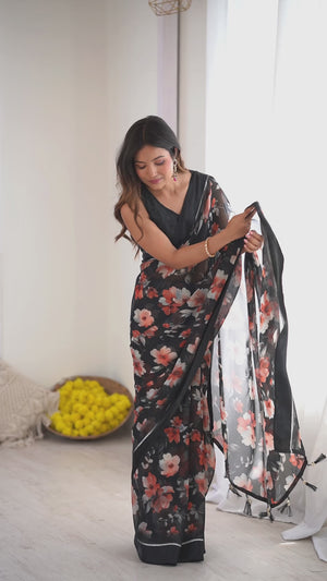 Black Floral Printed Moss Silk Blend Saree Adorned With Playful Tassel Pallu