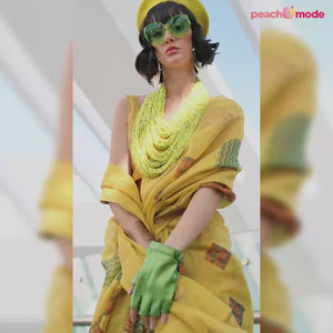Yellow Woven Art Silk Saree With Digital Print