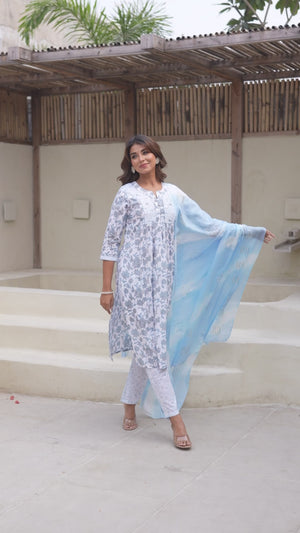 White & Blue Floral Printed Pure Cotton Naira Cut Salwar Suit