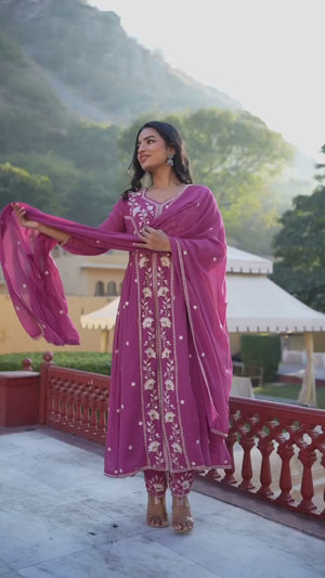 Mauve Floral Embroidered Georgette Front Slit Salwar Suit