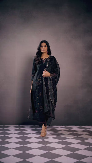 Black Sequins Embroidered Chanderi Silk Straight Salwar Suit