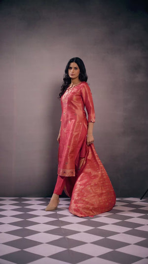 Peach Floral Embroidered Shimmer Jacquard Straight Salwar Suit