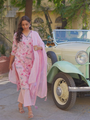 Light Pink Floral Printed Thread Work Pure Cotton Straight Salwar Suit