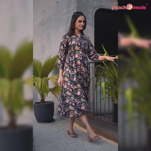 Dark Bottle Green Floral Printed Pure Cotton Dress