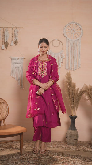 Burgundy Floral Embroidered Chanderi Silk Straight Salwar Suit