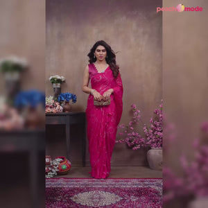 Rani Pink Mukaish With Foil Printed Silk Saree With Tassels
