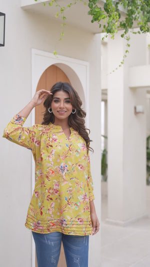 Lime Yellow Floral Printed Muslin Straight Top