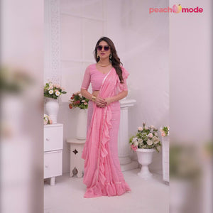 Pink Mirror Work Embroidered Georgette Saree With Ruffle Border