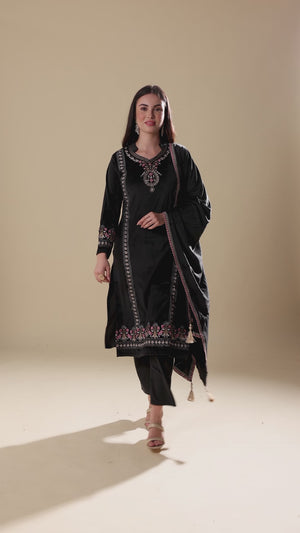 Black Embroidered Velvet Straight Salwar Suit