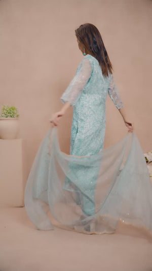Light Sky Blue Floral Print With Zari Weaving Work Organza Straight Salwar Suit