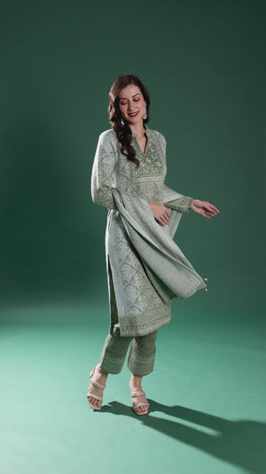 Green Woven Woolen Straight Salwar Suit