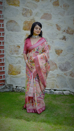 Beautiful Peach Tissue Handloom Saree with Detailed Digital Floral Embellishments