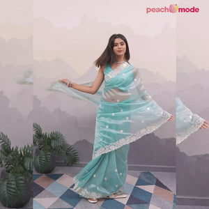Blue Floral Sequins Embroidered Twill Net Saree