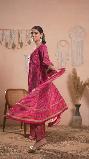 Pink Floral Foil Printed Chanderi Silk Straight Salwar Suit