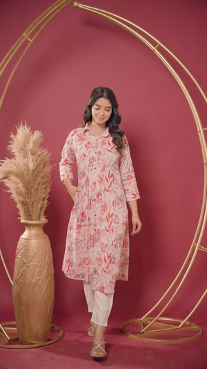 Light Peach Floral Printed Pure Cotton A-Line Kurti