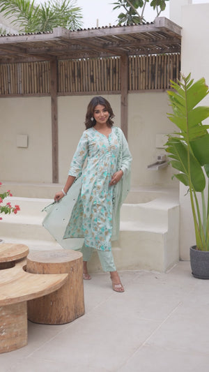 Green Floral Printed Pure Cotton Salwar Suit With Handwork