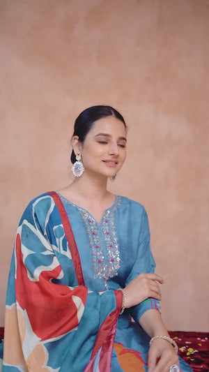 Blue Floral Hand Embroidery With Printed Muslin Straight Salwar Suit