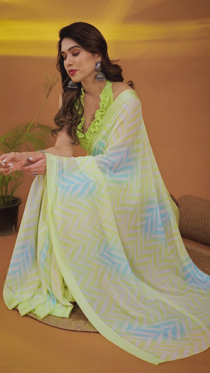 Mint Green Zig Zag Printed Satin Saree