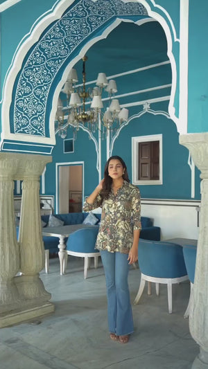 Grey Floral Printed Muslin Top