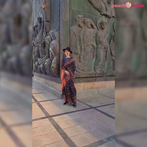 Navy Blue Woven Kashmiri Organza Saree With Tassels