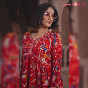 Red Floral Printed Rayon Alia Cut Salwar Suit