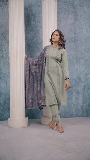 Green Weaving Woolen Straight Salwar Suit