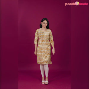 Mustard Floral Printed Pure Cotton Straight Kurti