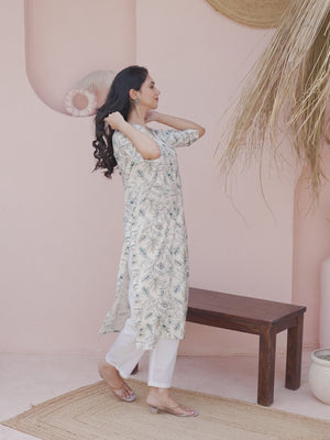 Off White & Blue Floral Printed Pure Cotton Straight Kurti