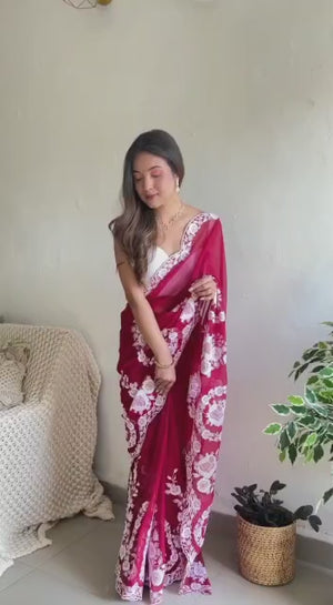 Red Embroidered Georgette Saree Featuring Ornate Heavy Thread Work