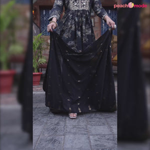 Black Floral Embroidered Chanderi Silk Sharara Suit