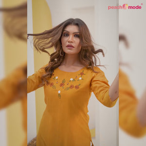 Yellow Floral Embroidered Art Silk Kurti