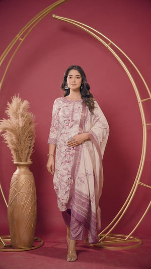 Off White & Wine Floral Foil Printed With Sequins Work Rayon Salwar Suit