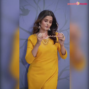 Mustard Solid With Mirror Embroidered Cotton Blend Kurti