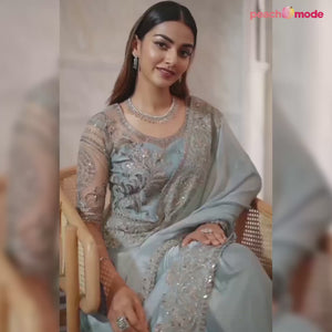 Sea Green Floral Sequins Embroidered Chiffon Saree