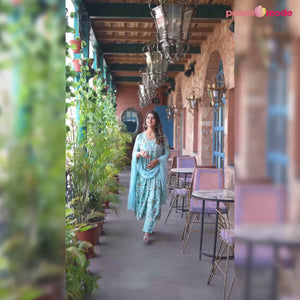 Turquoise Floral Alia Cut Chanderi Silk Salwar Suit With Zardosi Work