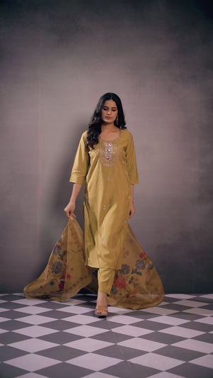 Lime Green Beads Work Embroidered Shimmer Straight Salwar Suit