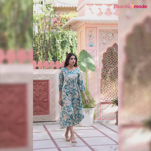 Turquoise Floral Printed Chanderi Silk Dress