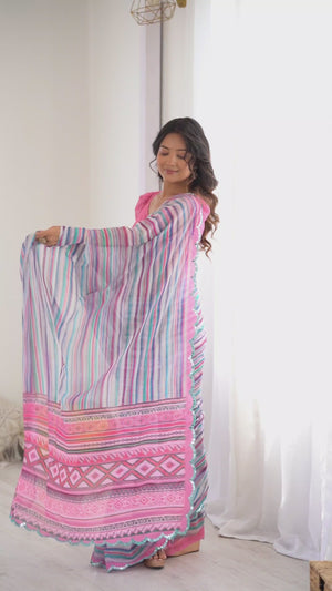Multicolor Georgette Saree Featuring Digital Print & Mirror Embroidery Border