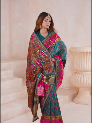 Traditional Green Rajwadi Weaving Pashmina Silk Saree With Kashmiri Pallu & Elegant Zari Border