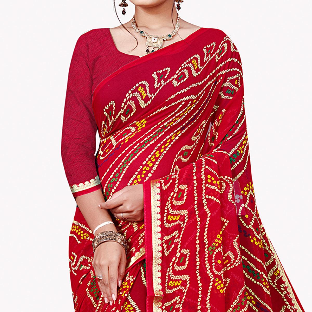 Red Festive Wear Bandhani Printed Georgette Saree With Lace Border - Model View 3