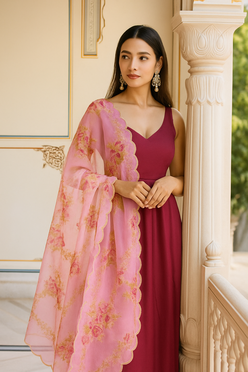 Pink Solid Chiffon Gown With Dupatta