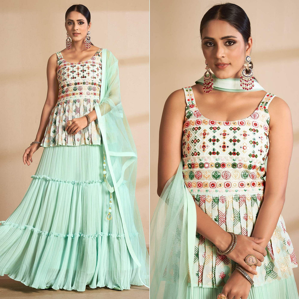 Sea Green Partywear Embroidered Georgette Sharara Suit - Image 7