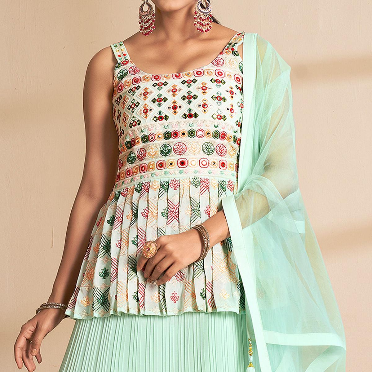 Sea Green Partywear Embroidered Georgette Sharara Suit - Image 3