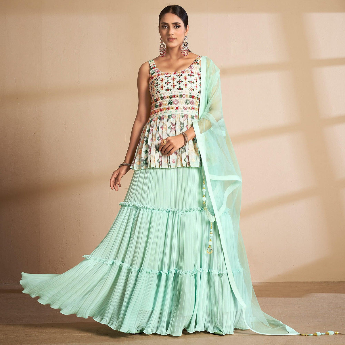 Sea Green Partywear Embroidered Georgette Sharara Suit - Image 5