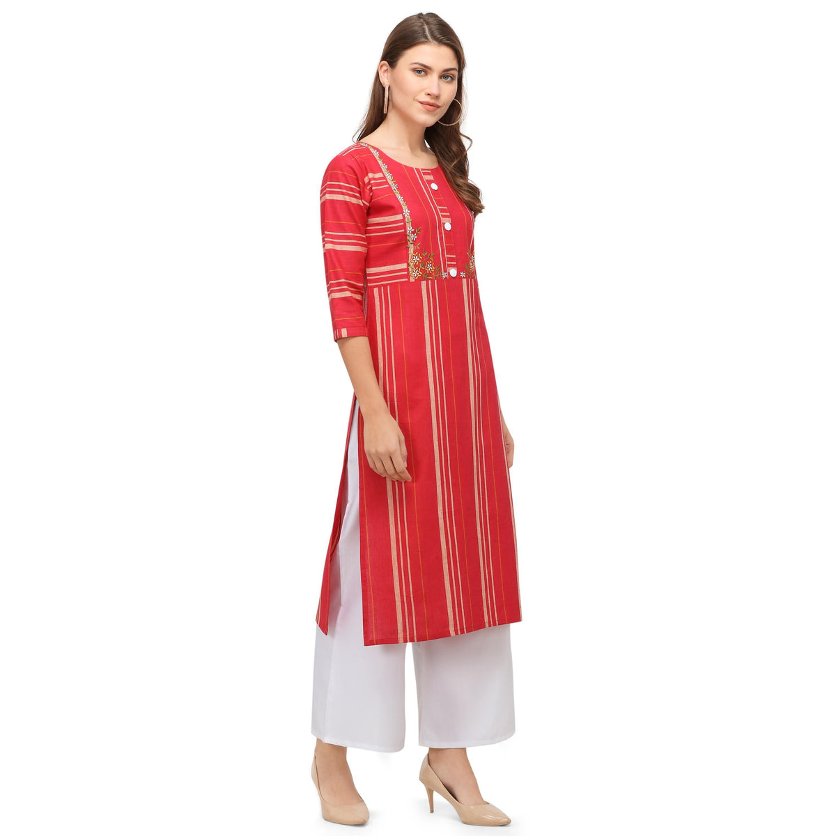 Staring Red Colored Casual Wear Embroidered Cotton Kurti With Palazzo - Image 3