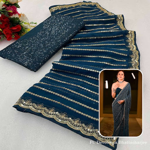 Morpich Sequins Embroidered Georgette Saree